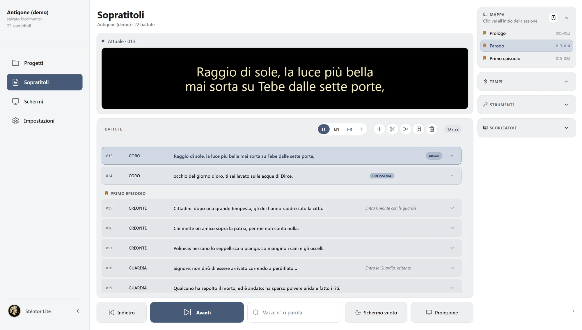 The Sténtor Lite cueing view: the surtitle on air, the list of lines and the controls to move forward.
